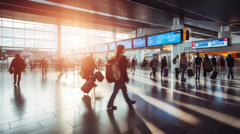 Travellers moving through an airport terminal